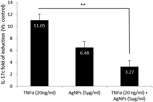 Figure 4. Effect of AgNPs and TNFα on IL-17c gene expression. NCI-H292 cells were exposed to AgNPs (5 µg/mL) and/or TNFα (20 ng/mL) for 24 h. IL-17c mRNA expression was measured using a real-time (RT) PCR technique. The results are shown as mean ± SD, n ≥ 3, for each group; ** P < 0.01 and represents significant difference compared to the marked corresponding group.