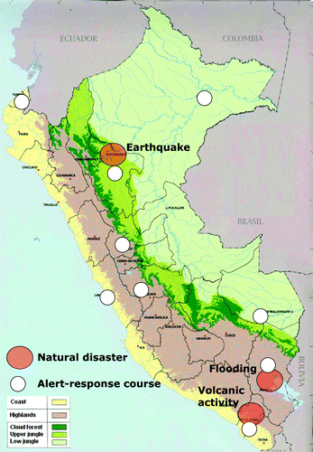 Figure 1. Areas affected by three major natural disasters and location of alert-response courses taught, Peru 2005–2006.