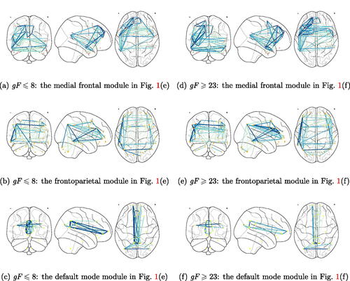 Fig. 2 The connectivity strengths in Figure 1(e)–(f) at fluid intelligence gF≤8 and gF≥23. Salmon, orange and yellow nodes represent the ROIs in the medial frontal, frontoparietal and default mode modules, respectively. The edge color from cyan to blue corresponds to the value of ||Σ̂jkA||S/(||Σ̂jjA||S||Σ̂kkA||S)1/2 from small to large.