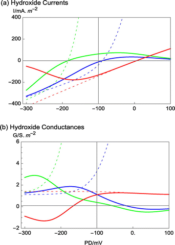 Figure 4. The change of PD-dependence of the modeled H+/OH− channel as a function of pHo. (a) The hydroxide currents from Figure 2 are re-plotted over wider PD window without the distraction of the other current elements (pHo 11: green, pHo 9 + saline: Blue, pHo 7 + saline: Red). The dashed lines indicate the GHK equation without multiplication by the the Boltzmann distribution probabilities, which increase the PD dependence (Amtmann and Sanders Citation1999; Beilby and Walker Citation1996). (b) The hydroxide conductances. Note that at high pHo the more depolarized PDs favor the closed state/s of the channels. The “closing PD” moves in depolarized direction at pHo 9. At pHo 7 the situation reverses with open state/s favored at more depolarized PDs and channels closing at more negative PDs, leading to noisy PD in hyperpolarized cells.