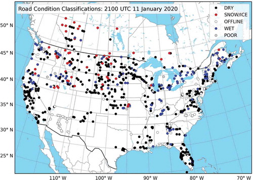 Figure 7. An example map of 782 classified camera images over Canada and the United States at 2100 UTC 11 January 2020. Each marker represents one classified image with the legend indicating the color corresponding to each respective class
