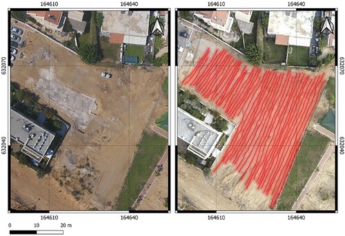 Figure 11. Excavation area (left) and GPR scan transects (right).