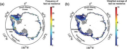 Figure 8. Temporal variation of fast ice in the Antarctic using (a) the simple counting approach and (b) the weighted average approach.