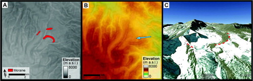 Figure 4. Moraines. (A) Mapped moraines in the Dalijia Shan (see Figure 2 for location). The semi-transparent gray-scale DEM (SRTM) is draped on a gray-scale slope image. (B) Semi-transparent colored DEM (SRTM) draped on a gray-scale slope image (same area as in panel A). (C) Oblique Google Earth™ image of one moraine (red dashed line along the ridge crest). Orientation of the image is indicated by the blue arrow in (B). In the Dalijia Shan moraines are subtle features; the simplest method to identify them is by using the 3-D view in Google Earth™.