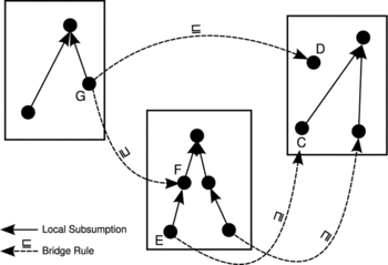 FIGURE 4 Renaming of concepts from Figure 2 employed in Example 1. The three local ontologies are referred to as 𝒯 b —behavior ontology, 𝒯 c —classification ontology, and 𝒯 y —backyard ontology.