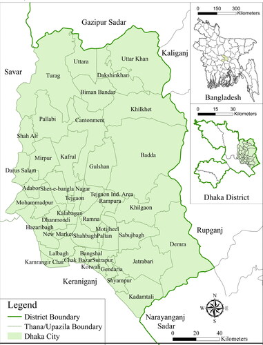 Figure 2. Location and administrative map of Dhaka city.