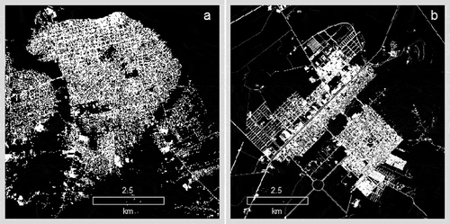 Figure 5. Impervious surface images in Santarém (a) and Lucas (b), which were developed from QuickBird images.