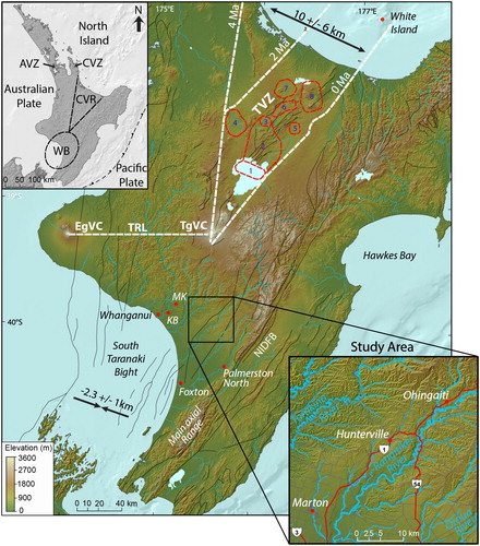 Figure 1. Map of the North Island showing the study area in relation to the Whanganui Basin (WB), Auckland Volcanic Zone (AVZ), Coromandel Volcanic Zone (CVZ), Central Volcanic Region (CVR), Taupo Volcanic Zone (TVZ), main axial range, Whanganui City, Makirikiri Valley (MK), Kaimatira Bluff (KB), Foxton township, Palmerston North and major river systems. Red outlines represent the eight major calderas within the TVZ: 1 = Taupo, 2 = Whakamaru, 3 = Ohakuri, 4 = Mangakino, 5 = Reporoa, 6 = Kapenga, 7 = Rotorua, 8 = Okataina (Wilson and Rowland Citation2016). TgVC = Tongariro Volcanic Centre, EgVC = Egmont Volcanic Centre, TRL = Taranaki Ruapehu, NIDFB = North Island Dextral Fault Belt. Black arrows indicate Pliocene shortening and extension (Nicol et al. Citation2007). Black lines indicate faults.