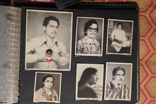 Figure 20 A page from one of the albums in Anjaan’s collections. The photograph on the top right corner is Anjaan’s own portrait photo with a radio set, taken in a studio in Gorakhpur in 1968. Private Collections Badri Prasad Verma Anjaan, Photo of photo: Gola Bazaar, April 12, 2022, Jyothidas KV © Bajpai.