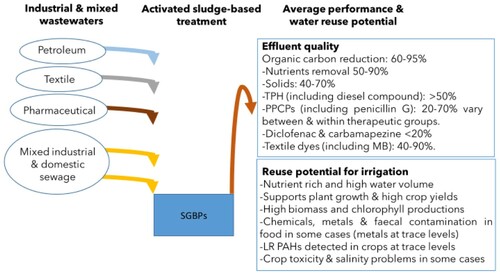 Figure 2. Potential of suspended growth biological processes (SGBPs) for the treatment of individual wastewaters for reuse in irrigated agriculture. TPH: total petroleum hydrocarbon; PPCPs: pharmaceuticals and personal care products; MB: methylene blue; LR: low range; PAHs: polycyclic aromatic hydrocarbons.
