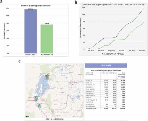 Figure 2. Dashboard reports from the vaccination monitoring platform (VMP) illustrating the number of participants vaccinated (a) overall, (b) cumulatively over time and (c) by vaccination site