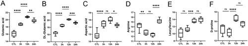 Figure 5. Disturbance of amino acid metabolism. A–F Changing trend of representative amino acid. Data were standardized by log2 transformation and expressed as mean ± SD. P < 0.05 was considered statistically significant (*p < 0.05, **p < 0.01, ***p < 0.001, ****p < 0.0001, nsp > 0.05).