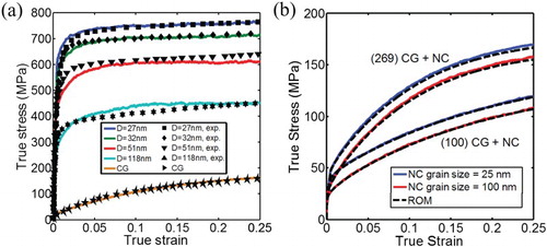 Figure 2. (a) Comparison between the experiment [Citation10] and calculated stress-strain curves for texture-free NC cu at various grain sizes and for CG Cu. (b) Comparison of the stress-strain curves from CPFE and ROM calculations for different combinations of CG orientation and NC grain size.