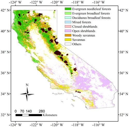 Figure 1. The forest types and forest AGB data across California; the dot points correspond to forest AGB at a 500 m spatial resolution obtained by aggregating the lidar-derived biomass at a 30 m spatial resolution.