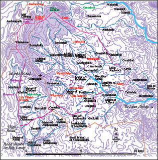 Fig. 5. Details taken from the Pont map and applied to the modern map. Names in Black: from Pont; Purple names: extra detail from Roy’s Military map; Red names: names from Pont that are no longer extant; Light green names: descriptive names from the 1st-edition OS.