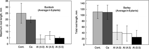 Figure 6  Root growth of burdock and barley cultured in perlite media containing synthetic Al–humic substance complexes (Al(4.0), Al(4.5) and Al(5.5)), Ca–humic substance complex (Ca) and perlite medium only (Cont.). Bars indicate standard deviation.