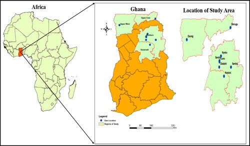 Figure 1. Map of Ghana showing the study dams and reservoirs.