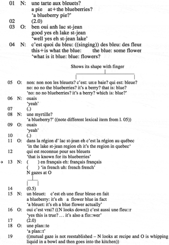 Figure 4. Data extract for guided analysis of other-repair practices in L1 French.Data extract ‘bleuets’ (Maheux-Pelletier and Golato Citation2008, 694–695)