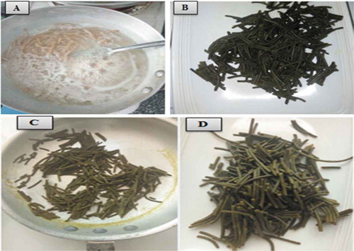 Figure 3. (a–d) Cooking quality analysis of pasta. (a) Control pasta boiling, (b) 50% wheat and 25% of both dried moringa leaves and oat flour pasta, (c) 80% wheat and 10% of both dried moringa leaves and oat flour pasta, (d) 70% wheat and 15% of both dried moringa leaves and oat flour pasta