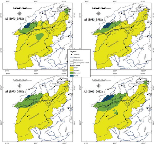 Figure 9. Spatial distribution of inter-annual AI during four decades in the Medjerda catchment.