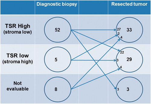 Figure 2. Illustration of the sample distribution between biopsies and resected tumors and the scoring results from the tumor–stroma ratio (TSR) assessment.
