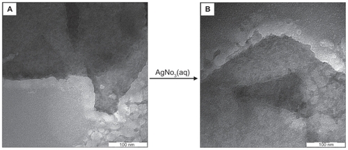 Figure 3 Transmission electron microscopy images of (A) pure talc and (B) talc after impregnation with aqueous AgNO3 (AgNO3/talc, A0).