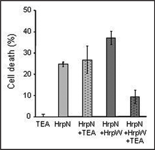 Figure 3 Effect of 5 mM TEA, a K+ channel inhibitor, on cell death triggered by 200 nM HrpNea or 200 nM HrpNea and HrpWea. Cell death was expressed as a percentage with respect to cell death level of nontreated cells. Data are means of 4 independent experiments and error bars correspond to standard errors.