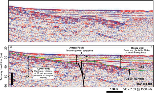 Figure 3. Seismic reflection profile from the outer part of Lambton Harbour, showing prominent reflections and seismic units deformed by the Aotea Fault. Boomer profile IKA1303-104. Refer to Figure 2 for line location. M denotes the seabed multiple.
