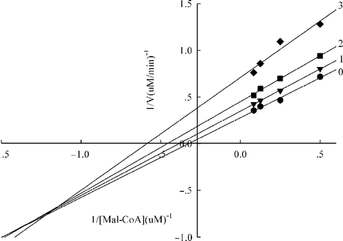 Figure 7 Lineweaver-Burk plot of the inhibition of the overall reaction of FAS by A. campestre extracts.The concentration of extracts in the reaction system was 0 (0), 0. 2 μg/mL (1), 0.4 μg/mL (2), and 0.5 μg/mL (3). The FAS concentration was 0.012μM, and the fixed concentrations of NADPH and Acetyl-CoA were 32 and 2.5μM, respectively. The reaction rate was the concentration of NADPH per min consumed in the overall reaction.