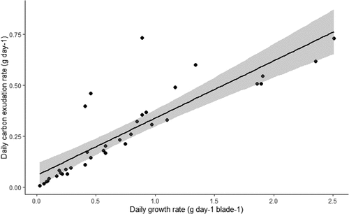 Figure 7. Mean (± S.E) daily carbon exudation rate (n = 36) versus daily growth rate of individual Saccharina latissima sporophytes. Locally weighted smoothing line applied shows the local mean.