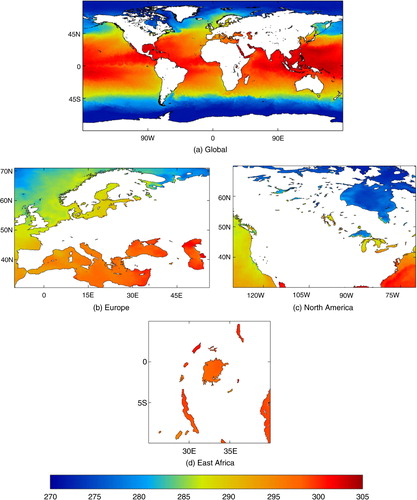 Fig. 1 Example OSTIA SST field for 1 July 2013 showing (a) global land/sea/lake mask with (b–d) close-ups of regions for detail. Colourbar in K.