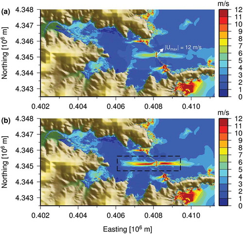 Figure 10. Filled contour plot of the maximum calculated magnitudes of the depth-averaged velocities, during model simulations on the 10 m 2DH NSWE mesh. (a) 2DH NSWE, (b) 2CLOWNS-3D dashed black rectangle indicates the extent of the 3D RANS domain.