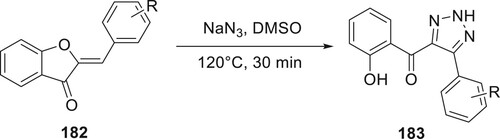 Scheme 41. Synthesis of 5-aryl-4-(2-hydroxybenzoyl)-NH-1,2,3-triazoles from aurones.