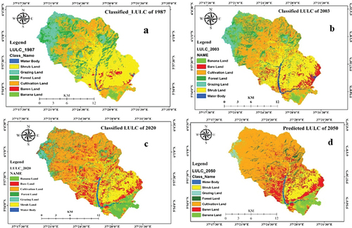 Figure 3. LULC map (a) 1987, (b) 2003, (c) 2020, and (d) 2050 in Sile watershed.