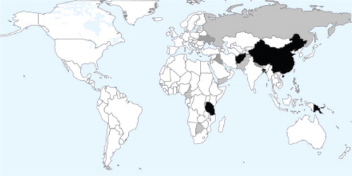 Figure 1 Referring countries. Black shading >10 referrals; Dark grey 5–9 referrals; Light grey <5 referrals (map courtesy of Aneki.com, see http://www.aneki.com/map.php).