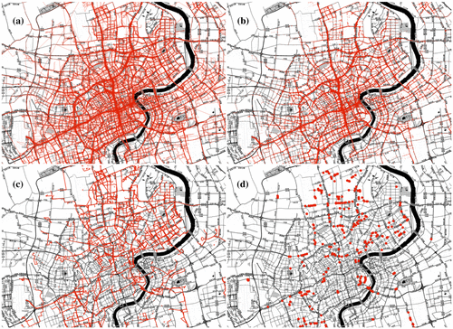 Figure 5. Visualization of (a) used taxi trajectory polylines, (b) resulting TIP extracts, (c) trajectory polylines with self-intersections, and (d) resulting self-intersection point extracts.