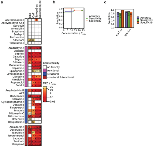 Figure 6. Summary of cardiotoxicity prediction. a) Cardiotoxicity prediction results for HCI/CaT and ScreenSeq are derived from Figures 1 and 5 respectively. The numbers indicate the concentrations in relation to Cmax at which the respective compounds are classified as positive. b) Sensitivity, specificity and accuracy (y axis) of cardiotoxicity prediction with varying concentration thresholds (x axis). Significance of at least one pathway from Figure 5(a) without mitochondrial terms or at least one assay readout from Figure 1(a). c) Cardiotoxicity prediction metrics at fixed 10x and 25x Cmax thresholds indicated as vertical gray lines in b).