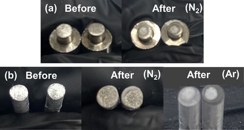 Figure 6. Pictures of the faces of (a) Ni electrodes before and after being ablated in the SDG under N2, and (b) of Al electrodes before and after being ablated in the SDG under N2 or Ar at reference conditions (low-energy/high-flow).