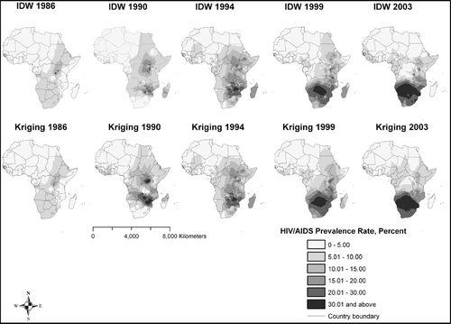 Figure 2 Interpolated smooth surface maps of HIV/AIDS prevalence rates for 1986, 1990, 1994, 1999, and 2003 for IDW and kriging. IDW = inverse distance weighted.