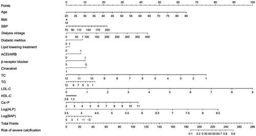 Figure 4. Nomogram model to predict the risks of severe CAC based on clinical data of ESKD patients. Based on the value assigned to each patient indicator (0 or 1 for diabetes history and medication history), a dot was plotted on the horizontal line corresponding to the respective item. A vertical line was then drawn upwards to intersect the horizontal line representing the score, thus determining the specific score for that particular item. The total score was calculated by adding up the scores from each item. A dot was plotted on the horizontal line representing the total score. A vertical line was then drawn downwards to intersect the horizontal line corresponding to the risk of severe coronary calcification, giving us the specific value for calcification risk.