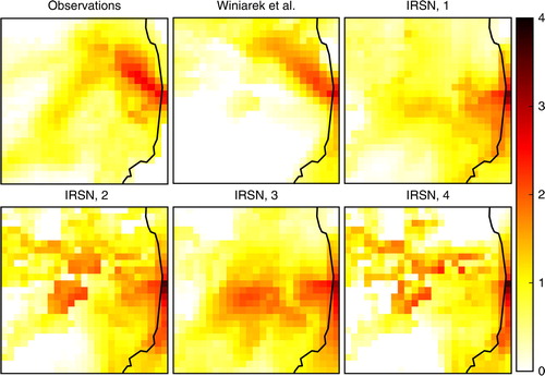 Fig. 11 Zoomed masked deposition maps of the cesium-137 activity in logarithmic scale max(log10(c/c thr),0), where c is the activity concentration and c thr=104 Bq.m−2 is the threshold for the observations, and five model simulations.