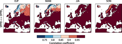 Figure 5. Pearson correlation pattern between drought indices SPPEI and the SPPEIs, the latter includes snow effects. Note that all correlations are significant at the 1% level.