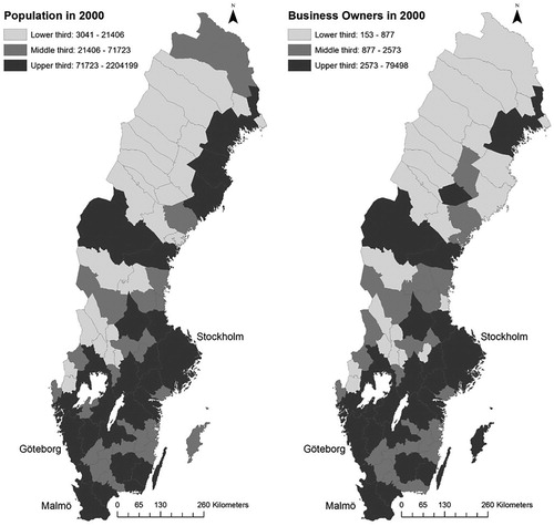 Figure 2. Population and business owners in Sweden, 2000.