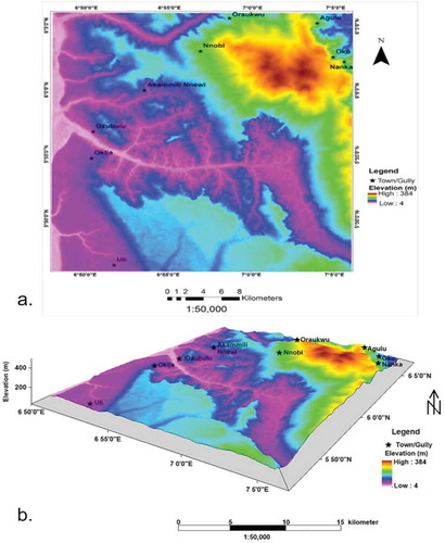 Figure 6. 2D, 3D maps showing the topography of the area