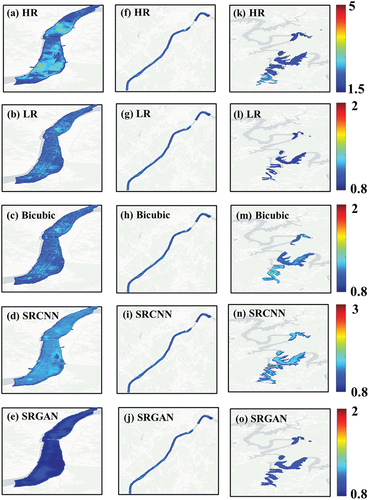 Figure 11. Spatial distribution maps of different SR algorithms were used to the band ratio (B05/B04) for estimation of the Chl-a concentration ratio. These maps indicate October 24, 2020, for the downstream (a–e), midstream (f–j), and upstream (k–o) of the Geum River.