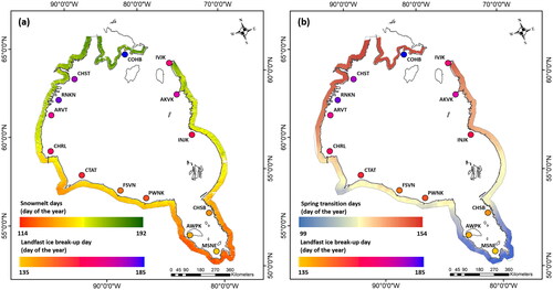 Figure 1. Map showing the 2001–2018 average of, (a) snowmelt dates and (b) spring temperature transition days with landfast ice break-up dates observed across Hudson Bay and James Bay. In the figure, COHB: Coral Harbor; CHST: Chesterfield Inlet; RNKN: Rankin Inlet; ARVT: Arviat; CHRL: Churchill; CTAT: Cape Tatnum; FSVN: Fort Severn; PWNK: Peawanuck/Winisk; AWPK: Attawapiskat; MSNE: Moosonee; CHSB: Chisasibi; INJK: Inukjuak; AKVK: Akulivik and IVJK: Ivujivik.
