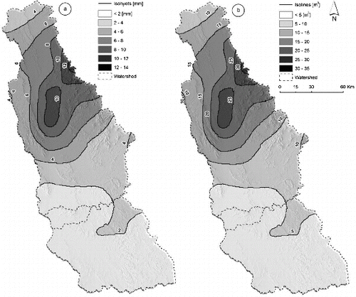 Figure 6. (a) Cumulative rainfall (Rcum) [mm] and (b) volume of rainfall (Rvol) [m3] from 23 to 30 January 2013.