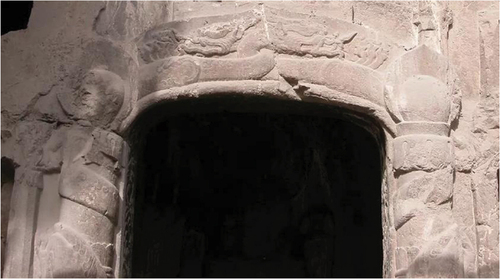 Figure 9. Dragons wrapping the column at both sides of the doorway of Cave 1 in the South Xiangtang Mountain of the Northern Qi dynasty in Handan, Hebei.