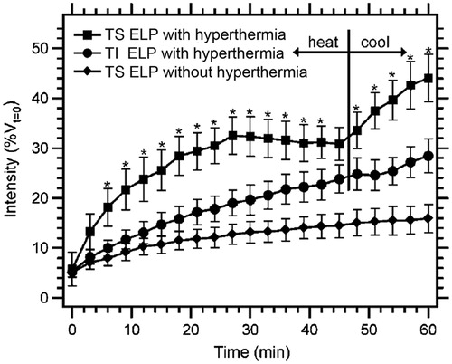 Figure 2. Extravascular accumulation of a thermally sensitive ELP in a heated tumour as a function of time. Data were normalised by the initial vascular intensity and expressed as a percentage of vascular intensity at t = 0 min. The tumour was heated to 41.5 °C for 45 min and then cooled to 37 °C for 15 min for both the thermally sensitive (TS, square) and thermally insensitive (TI, circle) hyperthermia conditions. The tumour was not heated for the 37 °C TS ELP control (diamond). The data are expressed as mean ± SE. *p < 0.05, Fischer’s Protected Least Significant Difference post-hoc test for TS ELP with hyperthermia versus TI ELP with hyperthermia [Citation11].