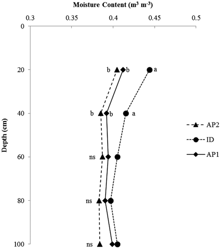 Figure 2. Variation in moisture content with soil depth. Depths with the same letter amongst the wetlands are not significantly different at p ≤ 0.05, ns: not significantly different. AP: alluvial plain wetland; ID: inland depression wetland.